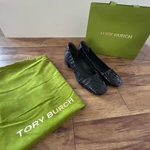 Tory Burch Black Croc-Embossed Logo Block Heel Loafers